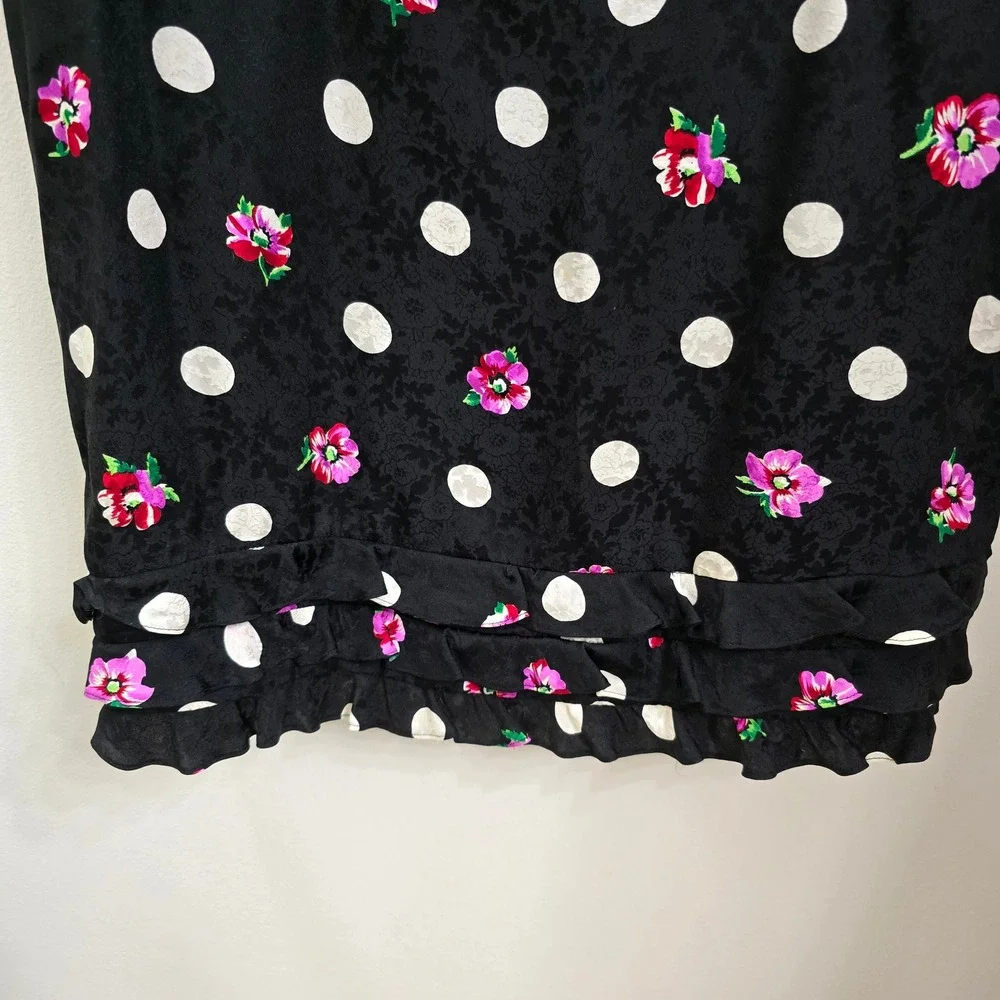 Vintage Maggy London Silk Polka Dot Floral Ruffle Dress Shoulder Pads Black 14 - Picture 4 of 8
